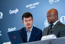 Ding LIren and Maurice Ashley at Press Conference after Game 1