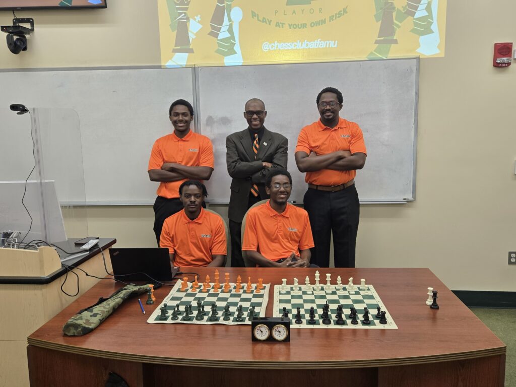 FAMU Chess Club 2024-2025 Executive Board
Seated (L-R): Toron Jones (Treasurer, Music Education), Caleb Parker (President-Computer Info. Sys.) 
Standing (L-R): James Tinner (Secretary, Computer Info. Sys), Dr. Daaim Shabazz (Faculty Advisor-Business), Ricardo Stewart (Vice President-Architecture)