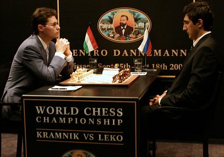 GM Peter Leko and GM Vladimir Kramnik prepare to face off before the 1st game of their World Championship Match.