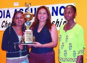 Above photo: Heartbeat 103.5FM representative Gita Bootoor (centre) handing over the Heartbeat 103.5FM Challenge Trophy to joint women's national chess champions Aditi Soondarsingh (left) and Jane Kennedy. Photo by Trinidad and Tobago Chess Federation.