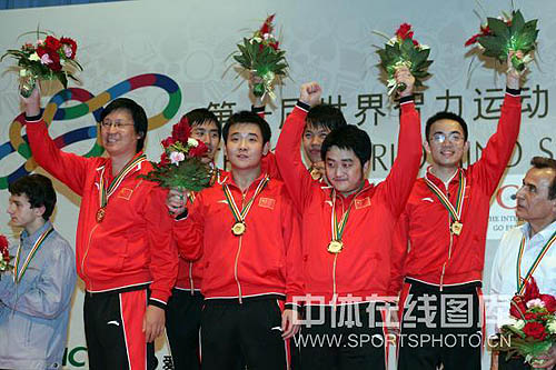 Chinese men in jubilation after winning gold in rapid team men's event. From left to right are GMs Yi Jiangchuan, Bu Xiangzhi, Li Chao, Wang Hao, Wang Yue, Ni Hua. The chess world needs to get used to this image. Photo by SportPhoto.CN.