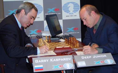 GM Garry Kasparov preparing to face off against Deep Junior in Game 5. Photo by John Henderson.
