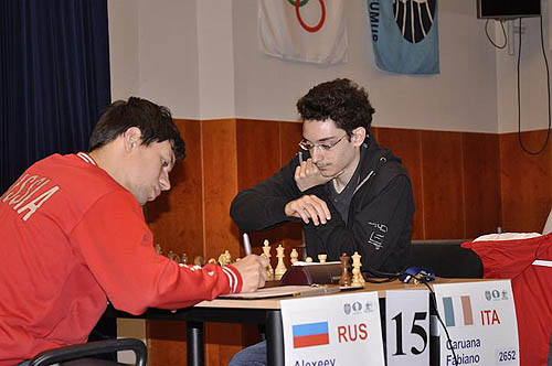Russia's Evgeny Alekseev squaring off against Fabiano Caruana.